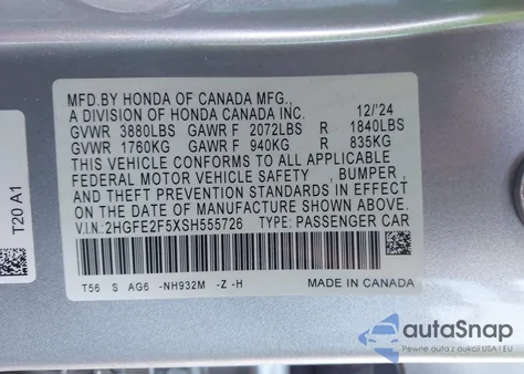 2025 Honda Civic Sport из США, поврежденный, VIN 2HGFE2F5XSH555726